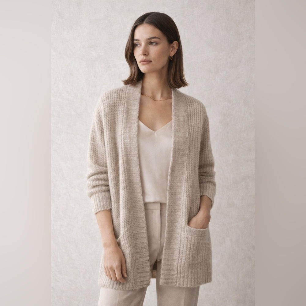 London Kaye Oatmeal Open Front Cardigan Sweater Size Large Alpaca Blend